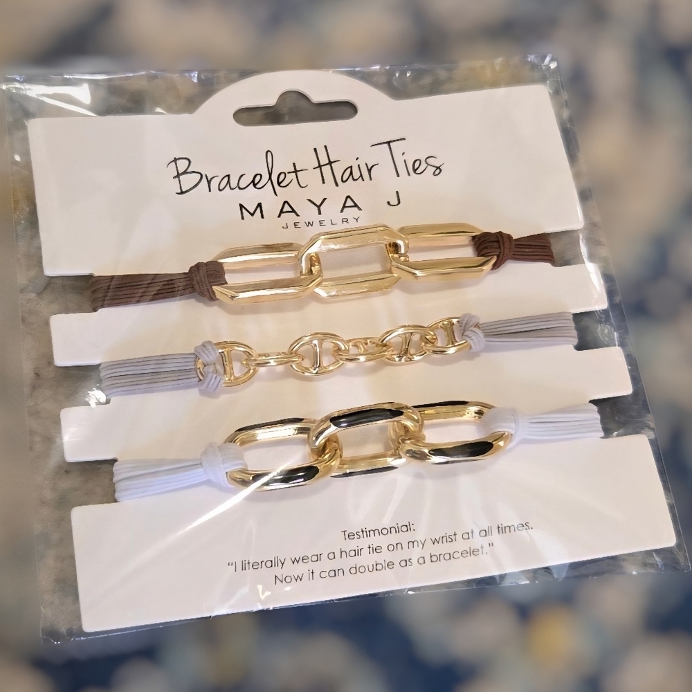 Maya J Bracelet Hair Ties Set Of 3 Gold Chain Link Brown Gray & Light Blue